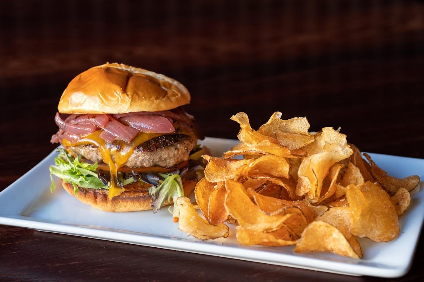 Burger, chips on the side
